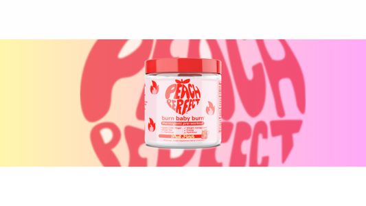 "Burn Baby Burn" by Peach Perfect, featuring natural ingredients like L-Carnitine, Apple Cider Vinegar, and Green Tea. It emphasizes their benefits in energy production, fat loss, and exercise performance for fitness enthusiasts aged 46-55.